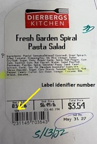 Dierbergs Kitchen Fresh Garden Spiral Pasta Salad Label showing the Label Identifier number 108.