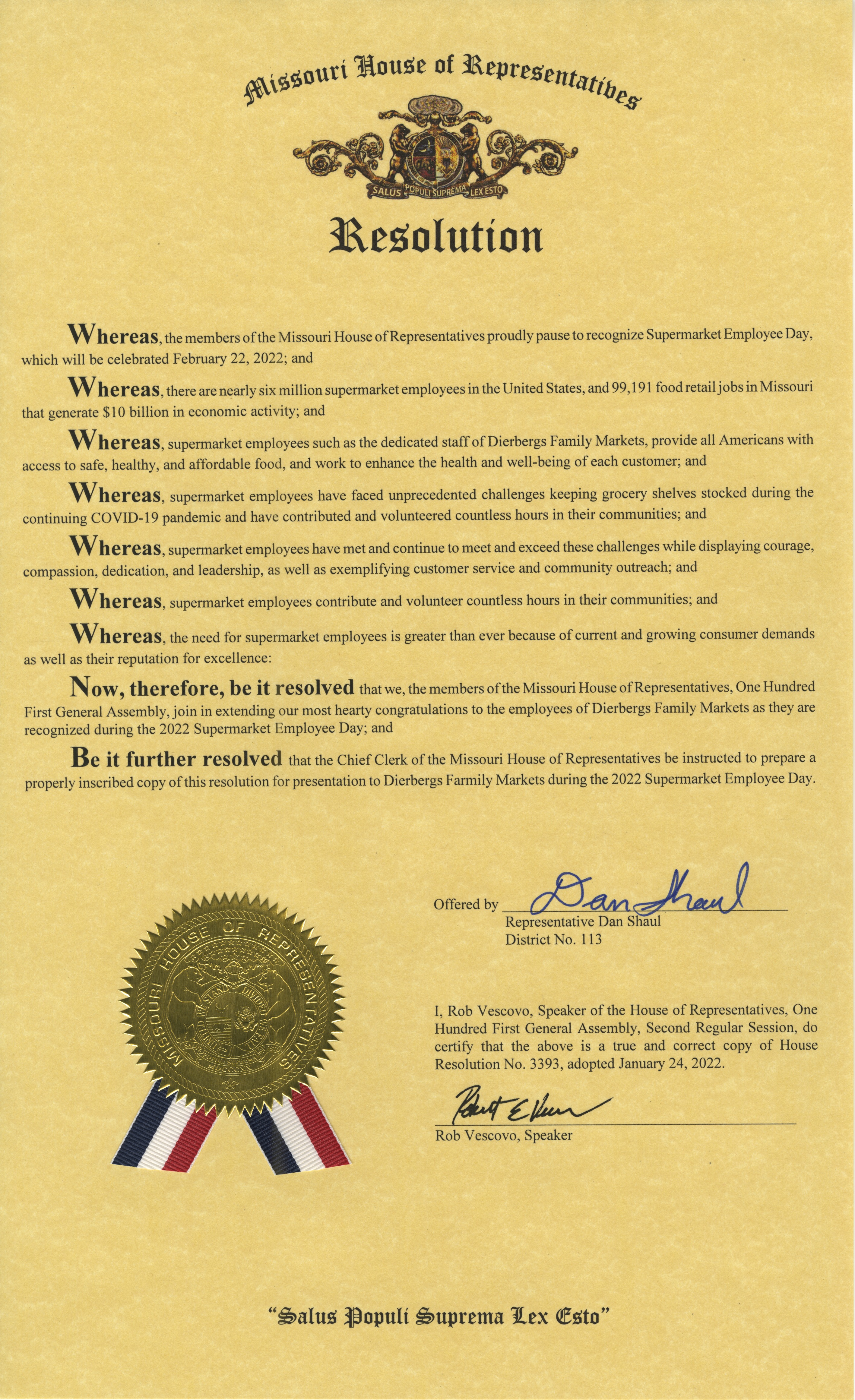 A scanned copy of the Supermarket Employee Day Missouri House of Representatives Resolution given to Dierbergs.
